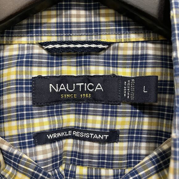 Nautica Wrinkle Resistant Blue & Yellow Plaid Button Down Dress Shirt Mens Large - Picture 4 of 6